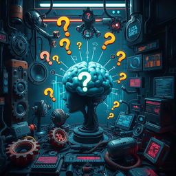 An artistic representation of the flaws of artificial intelligence, showcasing various elements like confused algorithms, malfunctioning robots, and distorted data streams