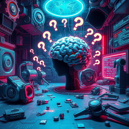 An artistic representation of the flaws of artificial intelligence, showcasing various elements like confused algorithms, malfunctioning robots, and distorted data streams