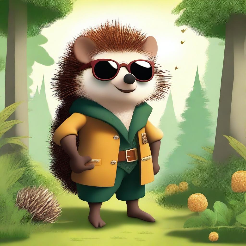 A high-quality digital art image of a humanoid brown hedgehog, dressed in medieval clothes and wearing sunglasses, set in a natural environment