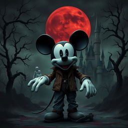 A dark and eerie adaptation of Mickey Mouse in a horror film setting