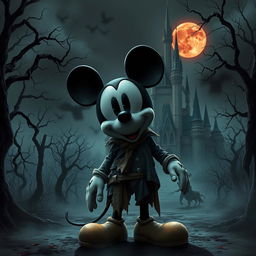 A dark and eerie adaptation of Mickey Mouse in a horror film setting