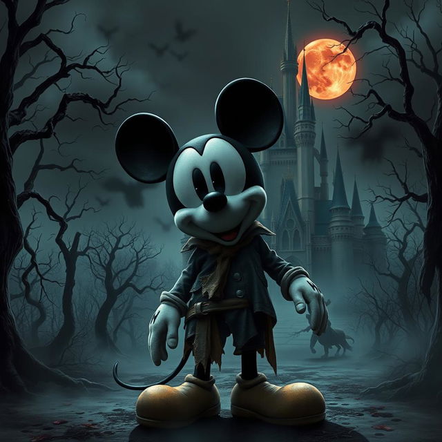 A dark and eerie adaptation of Mickey Mouse in a horror film setting