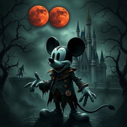 A dark and eerie adaptation of Mickey Mouse in a horror film setting