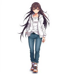 A tall and beautiful anime model against a white background, wearing a white hoodie over an unbuttoned shirt with exposed ends and collar, paired with stylish jeans and sporty shoes