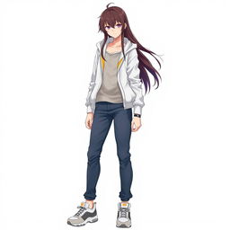 A tall and beautiful anime model against a white background, wearing a white hoodie over an unbuttoned shirt with exposed ends and collar, paired with stylish jeans and sporty shoes