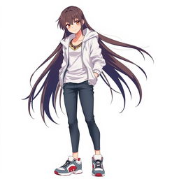 A tall and beautiful anime model against a white background, wearing a white hoodie over an unbuttoned shirt with exposed ends and collar, paired with stylish jeans and sporty shoes