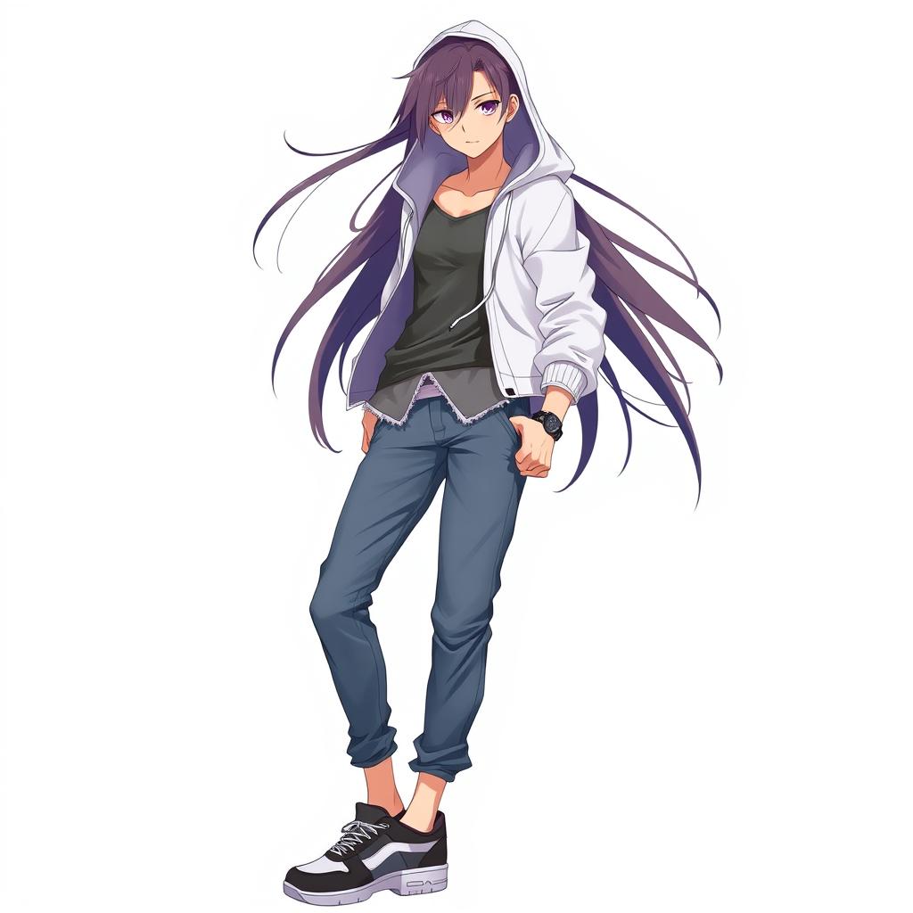 A tall and beautiful anime model against a white background, wearing a white hoodie over an unbuttoned shirt with exposed ends and collar, paired with stylish jeans and sporty shoes