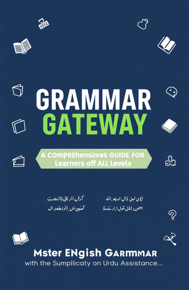 A book cover design titled "Grammar Gateway: English with Urdu Assistance"