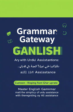A book cover design titled "Grammar Gateway: English with Urdu Assistance"