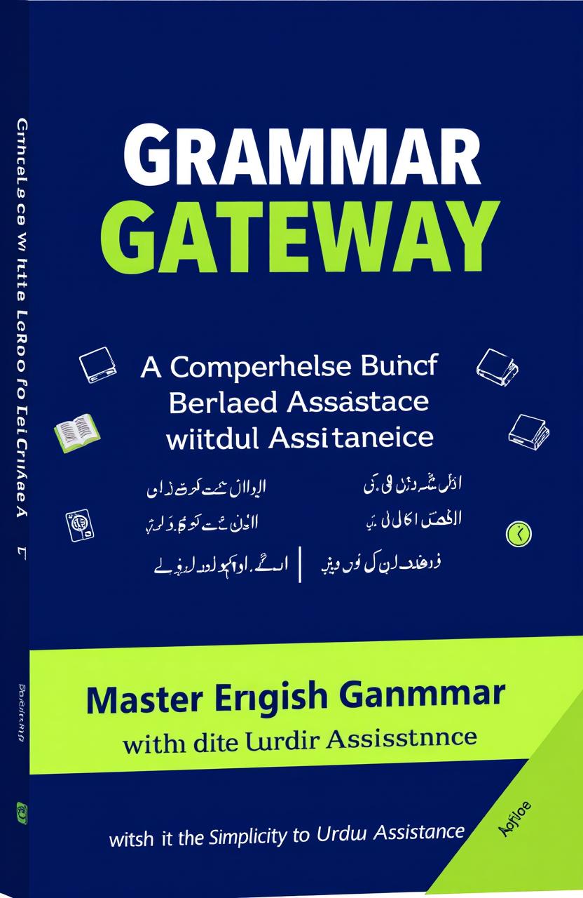 A book cover design titled "Grammar Gateway: English with Urdu Assistance"