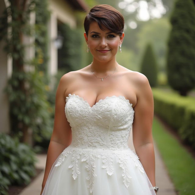 A busty woman wearing a strapless white lace wedding dress that elegantly reveals her curves