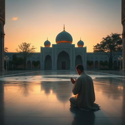 A serene and tranquil scene depicting a person in a humble prayer position, surrounded by beautiful Islamic architecture, intricate geometric patterns, and soft ambient light