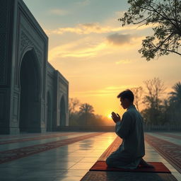 A serene and tranquil scene depicting a person in a humble prayer position, surrounded by beautiful Islamic architecture, intricate geometric patterns, and soft ambient light