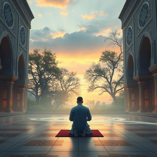A serene and tranquil scene depicting a person in a humble prayer position, surrounded by beautiful Islamic architecture, intricate geometric patterns, and soft ambient light