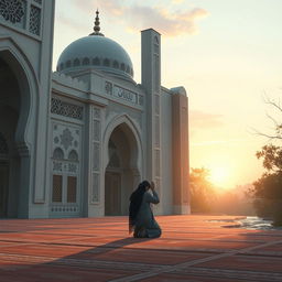 A serene and tranquil scene depicting a person in a humble prayer position, surrounded by beautiful Islamic architecture, intricate geometric patterns, and soft ambient light