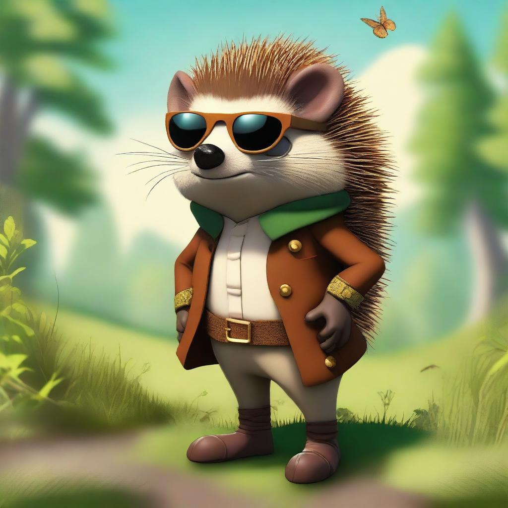 A high-quality digital art image of a humanoid brown hedgehog, dressed in medieval clothes and wearing sunglasses, set in a natural environment