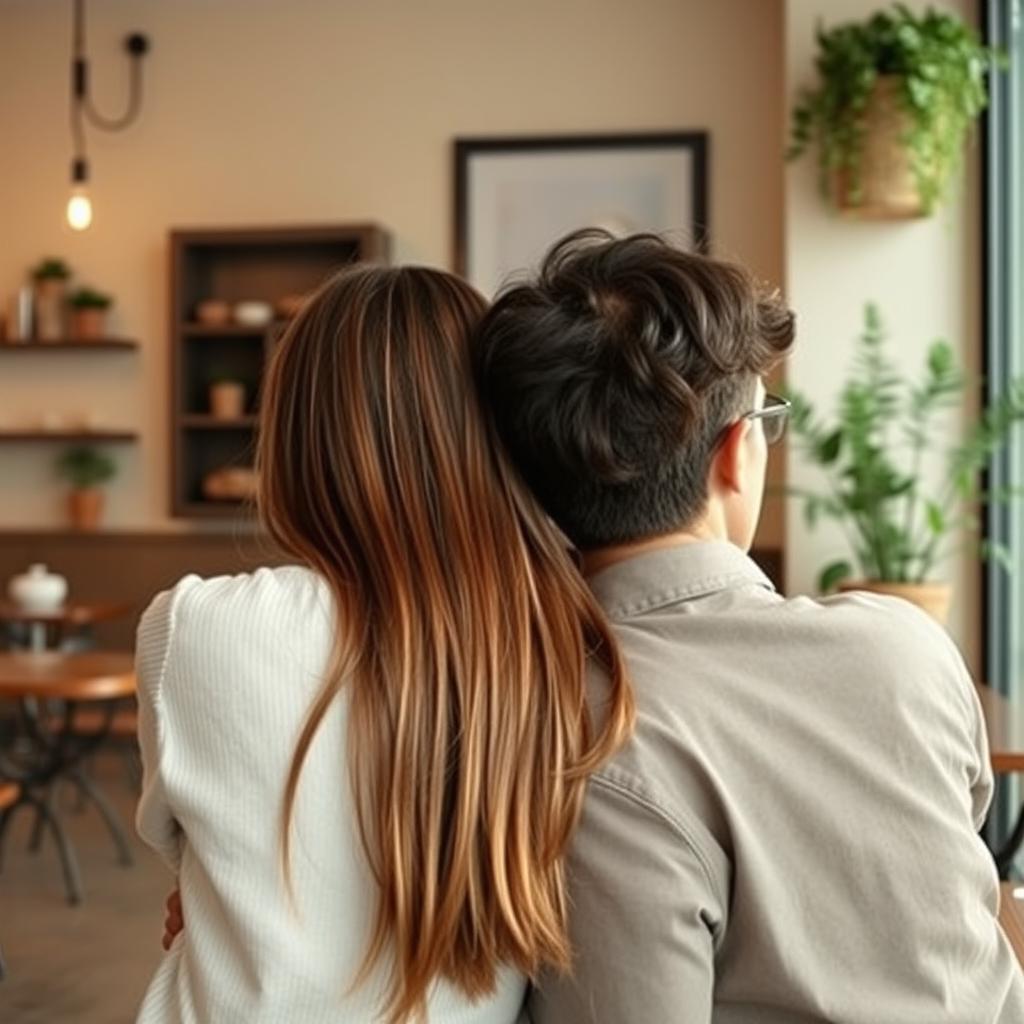 A cozy cafe scene featuring a girl leaning on a guy's shoulder