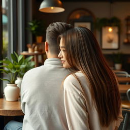 A cozy cafe scene featuring a girl leaning on a guy's shoulder