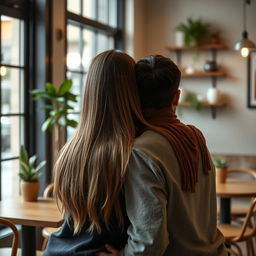 A cozy cafe scene featuring a girl leaning on a guy's shoulder