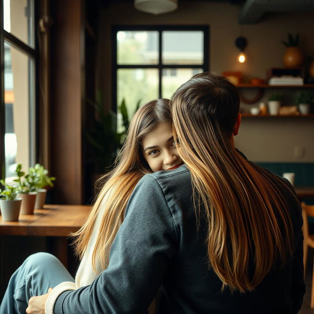 A cozy cafe scene featuring a girl leaning on a guy's shoulder