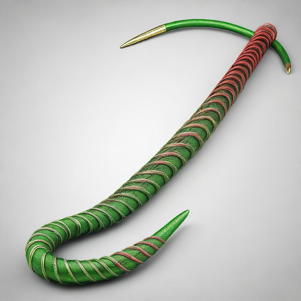 A high-quality 3D render of a red and green whip adorned with spikes