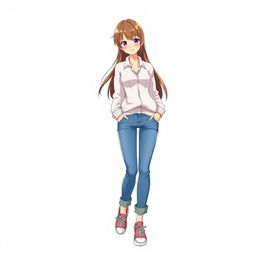 A tall and beautiful anime girl with a captivating appearance, standing against a pure white background