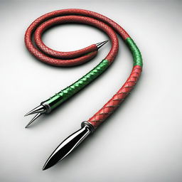 A high-quality 3D render of a red and green whip adorned with spikes