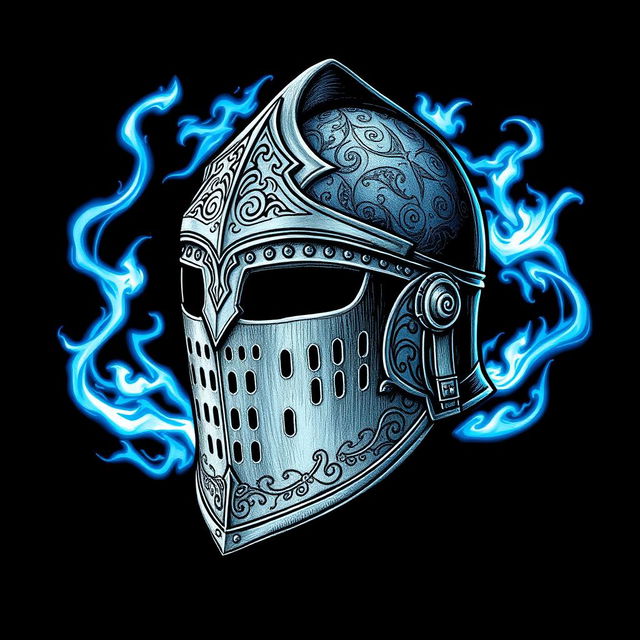 A hand-drawn knight's helmet adorned with intricate patterns and details, surrounded by an ethereal blue energy aura that glows vibrantly against a stark black background