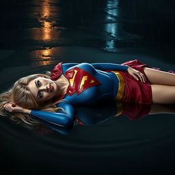 A seductive rendition of Supergirl, lying face down in a shallow puddle