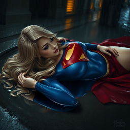 A seductive rendition of Supergirl, lying face down in a shallow puddle