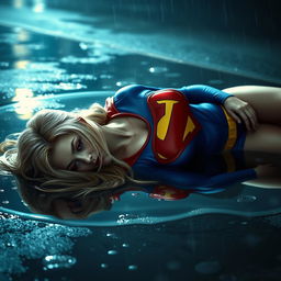 A seductive rendition of Supergirl, lying face down in a shallow puddle