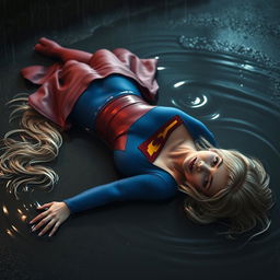 A seductive rendition of Supergirl, lying face down in a shallow puddle