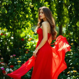 A beautiful woman wearing a flowing red dress, standing elegantly in a lush green garden