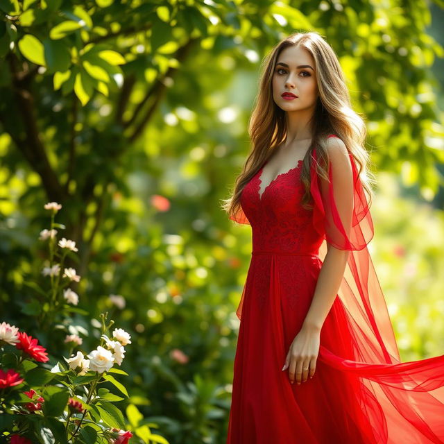 A beautiful woman wearing a flowing red dress, standing elegantly in a lush green garden