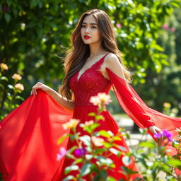 A beautiful woman wearing a flowing red dress, standing elegantly in a lush green garden