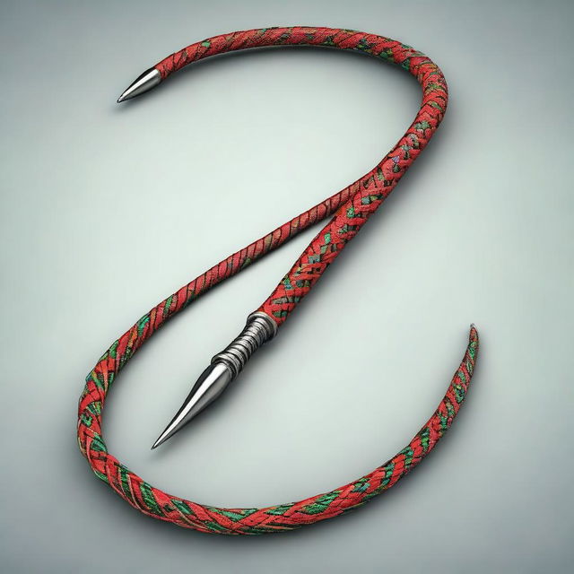 A high-quality 3D render of a red and green whip adorned with spikes