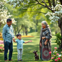 A warm, heartwarming scene depicting a small boy holding hands with an old man while standing alongside his parents