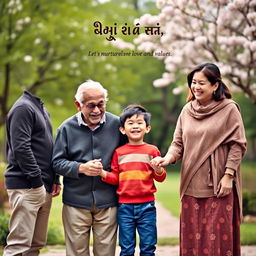A warm, heartwarming scene depicting a small boy holding hands with an old man while standing alongside his parents