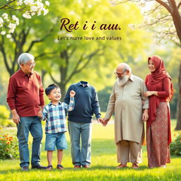 A warm, heartwarming scene depicting a small boy holding hands with an old man while standing alongside his parents