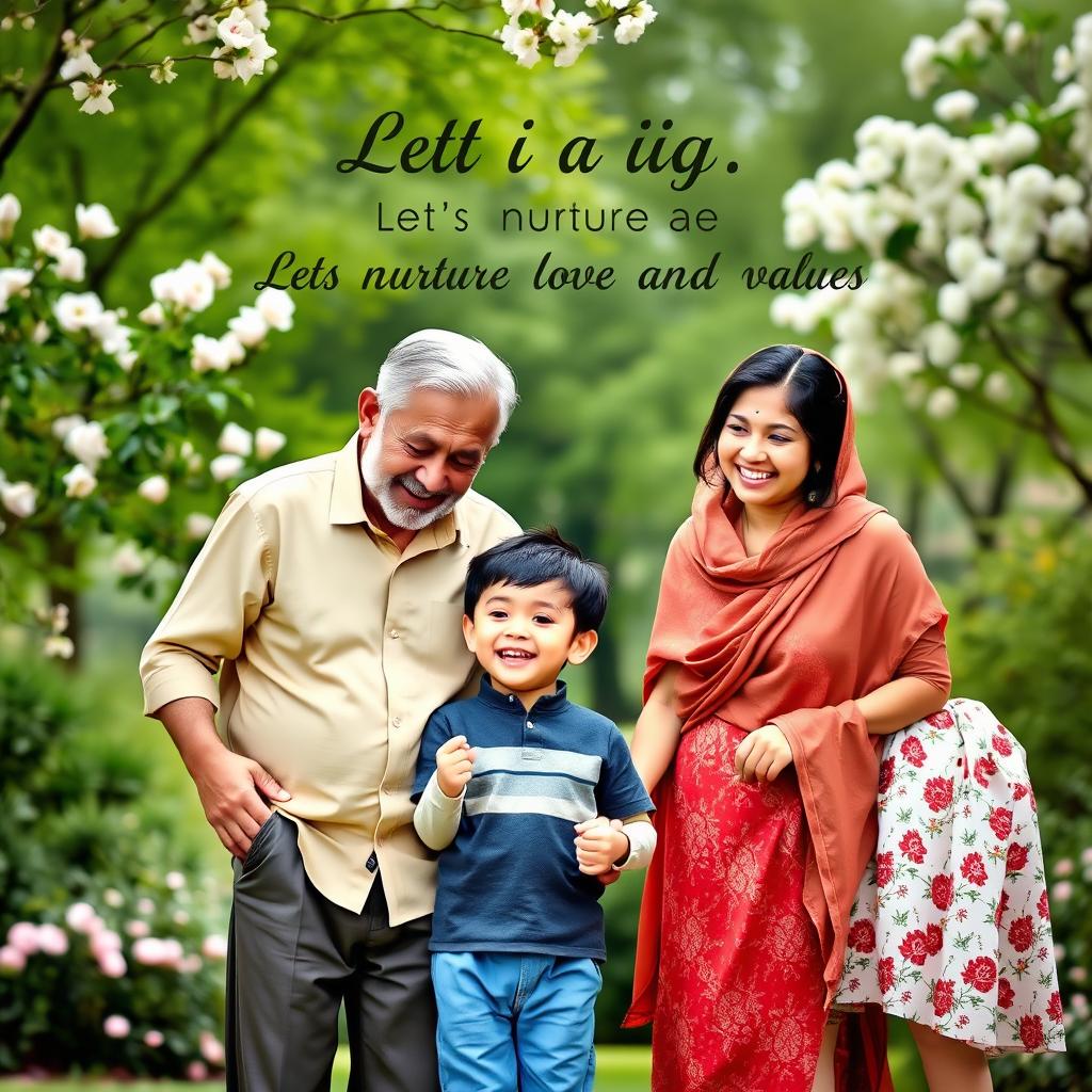 A warm, heartwarming scene depicting a small boy holding hands with an old man while standing alongside his parents