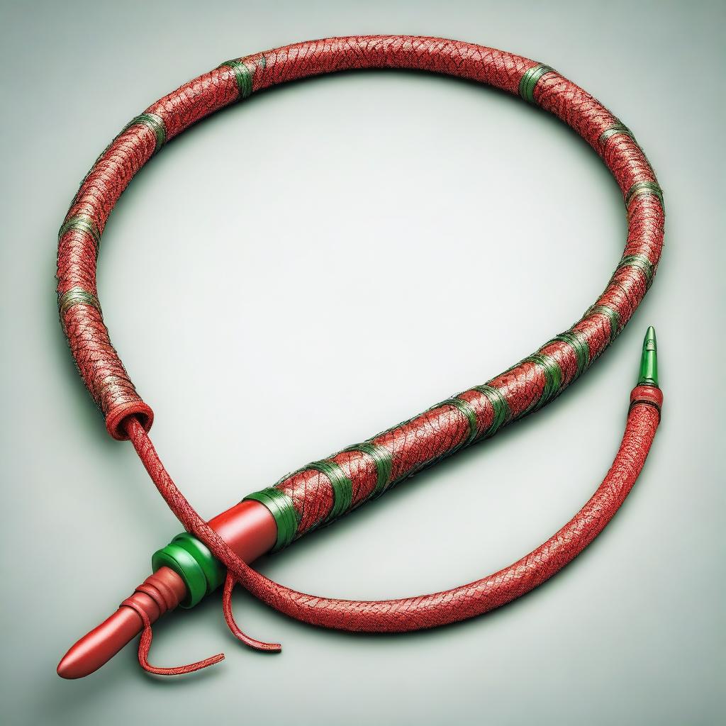 A high-quality 3D render of a long red and green whip, adorned with spikes at the end