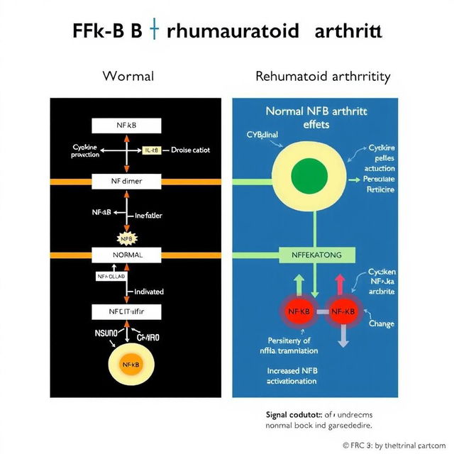 A schematic illustration that demonstrates the differences in the NF-kB signaling pathway under normal conditions versus in the case of rheumatoid arthritis