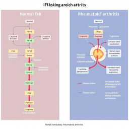 A schematic illustration that demonstrates the differences in the NF-kB signaling pathway under normal conditions versus in the case of rheumatoid arthritis