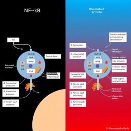 A schematic illustration that demonstrates the differences in the NF-kB signaling pathway under normal conditions versus in the case of rheumatoid arthritis