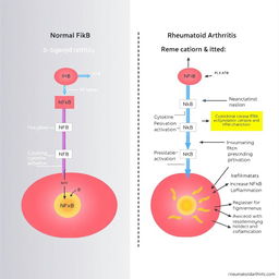 A schematic illustration that demonstrates the differences in the NF-kB signaling pathway under normal conditions versus in the case of rheumatoid arthritis
