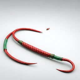 A high-quality 3D render of a long red and green whip, adorned with spikes at the end