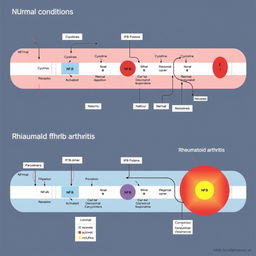 A detailed schematic diagram illustrating the NF-kB signaling pathway, comparing normal conditions versus rheumatoid arthritis