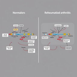 A detailed schematic diagram illustrating the NF-kB signaling pathway, comparing normal conditions versus rheumatoid arthritis