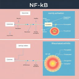 A detailed schematic diagram illustrating the NF-kB signaling pathway, comparing normal conditions versus rheumatoid arthritis