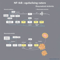 A detailed schematic diagram illustrating the NF-kB signaling pathway, comparing normal conditions versus rheumatoid arthritis